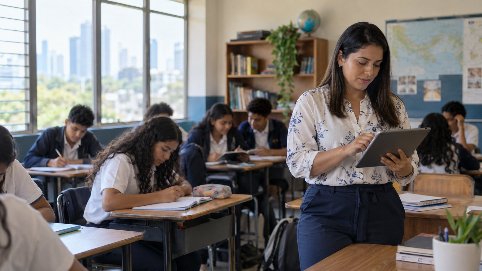 Docente utilizando tecnología en un aula real.